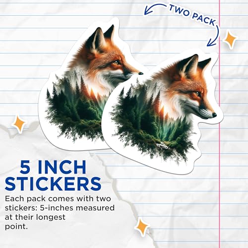 (2 Packs) Fox with Wilderness Stickers - Fox and Forest Cool Nature Decals - 5 Inches On Longest Side - Premium Vinyl Decal - Sticks to Any Smooth Flat Surface - Made in USA - BMCS2271