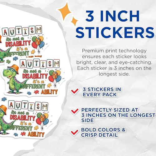 (3 Pack) Autism Awareness Decals - Dinosaur Design - Ability Not Disability - 3 Inches On Longest Side - Easy Peel & Apply - Made in USA - 3MCS8461