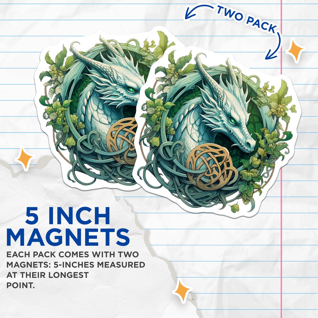 (2 Pack) White Dragon Magnets - Celtic Knot Art - Mythical Creature Decor - Fantasy Art Collectible - 5 Inches On Longest Side - Thick Durable Magnet - Made in USA - MAG24479