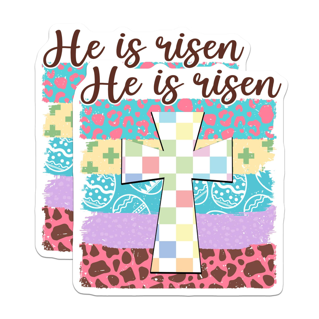 (2 Pack) He is Risen Stickers - Easter Cross Stickers - Christian Faith Stickers - 5" On Longest Side - Sticks to Any Smooth Flat Surface - Made in USA - BMCS3087
