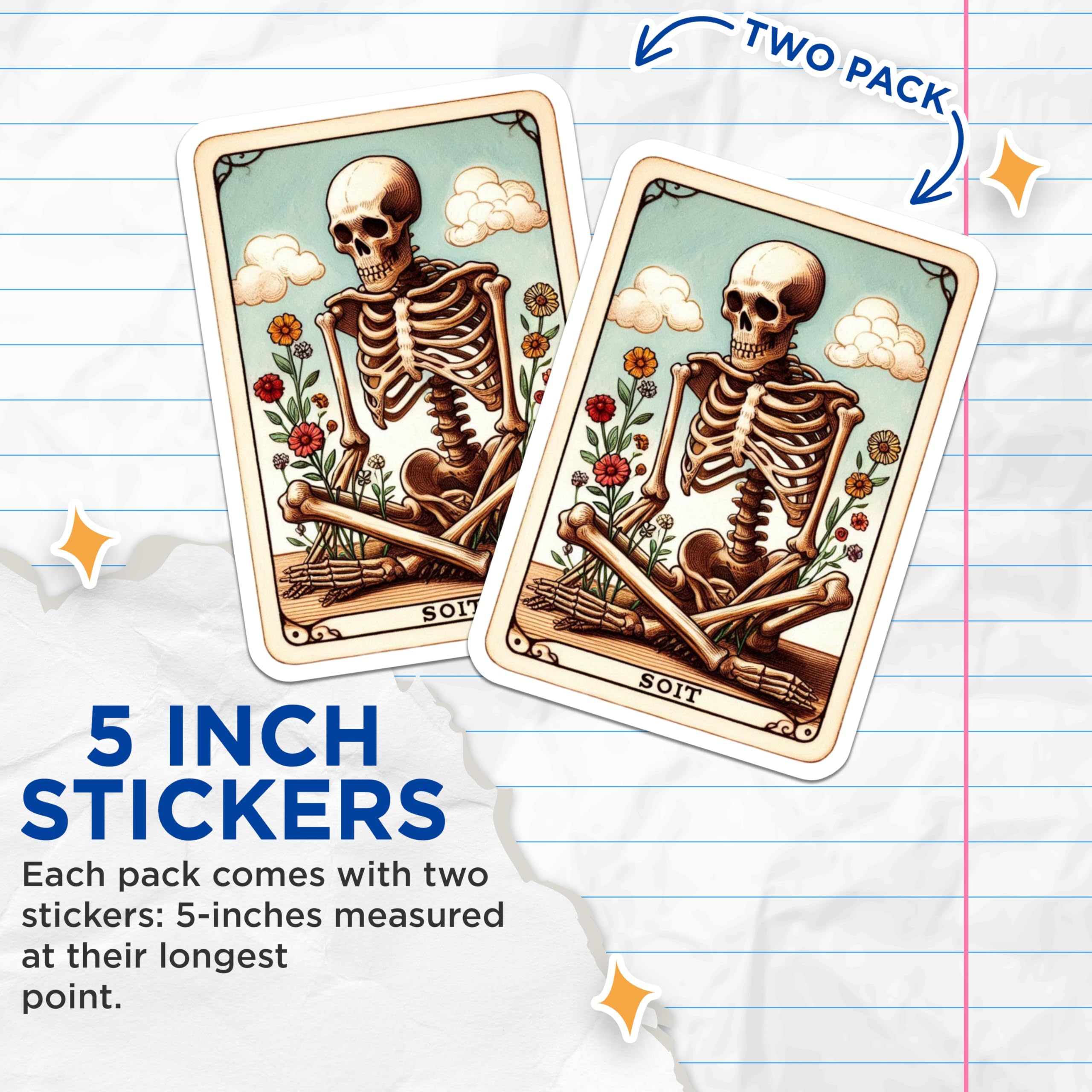 (2 Pack) Meditating Skeleton Stickers - Vintage Tarot Card Art - Spiritual Skull Decor - 5" On Longest Side - Sticks to Smooth Flat Surfaces - Made in USA - BMCS21541