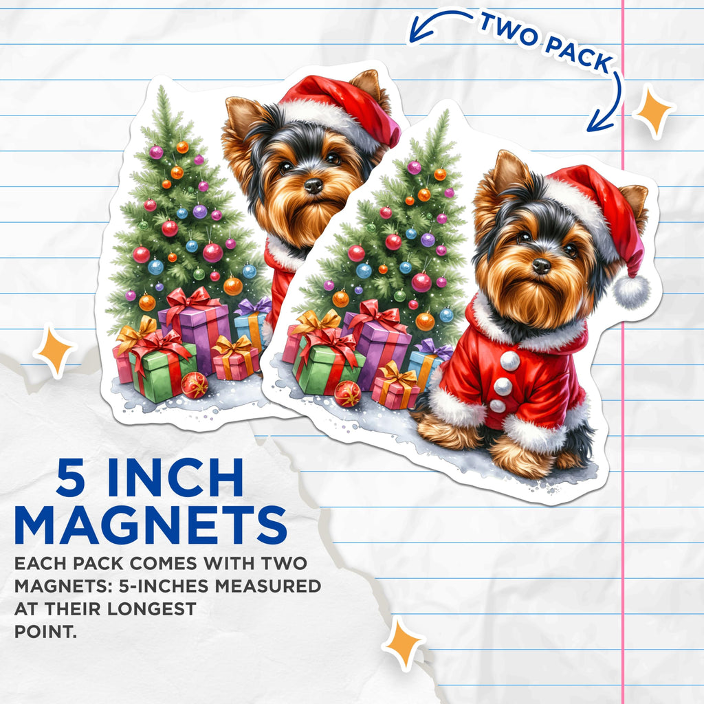 (2 Pack) Christmas Yorkie Dog Magnets - Santa Puppy Decor - Holiday Pet Home Decor - 5 Inches On Longest Side - Thick Durable Magnet - Made in USA - MAG30266