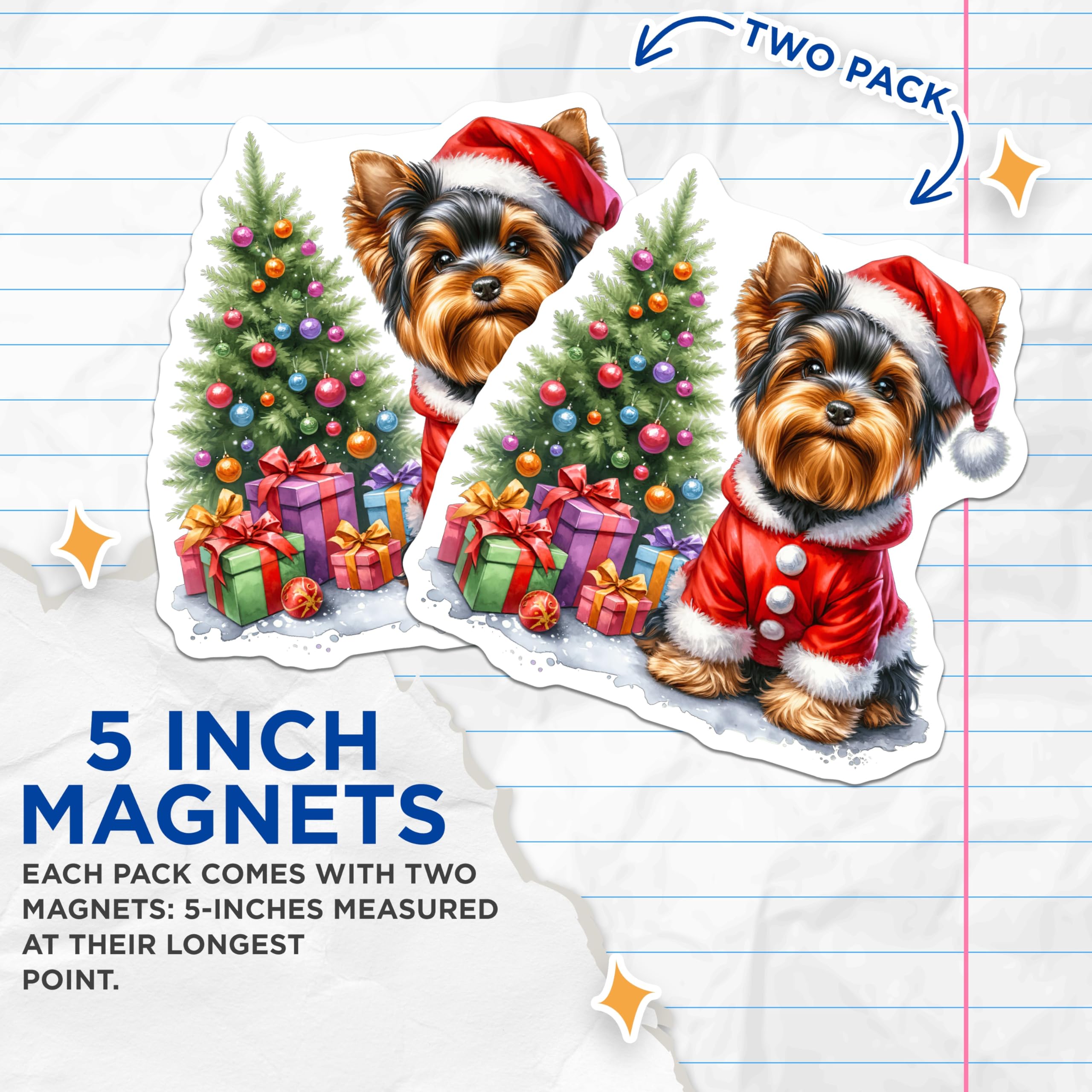 (2 Pack) Christmas Yorkie Dog Magnets - Santa Puppy Decor - Holiday Pet Home Decor - 5 Inches On Longest Side - Thick Durable Magnet - Made in USA - MAG30266