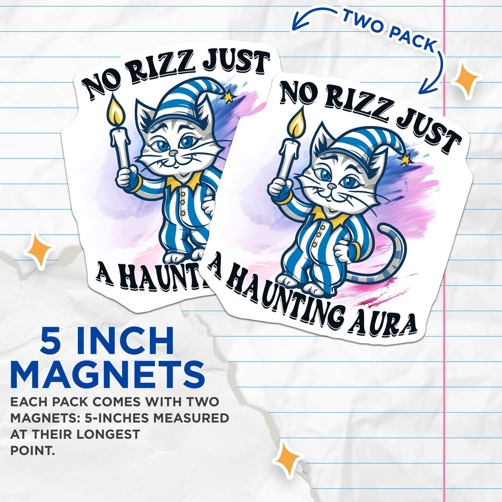 (2 Pack) No Rizz Haunting Aura Cat Magnets - Funny Meme Quote - Cozy Goth Room Decor - Whimsical Dark Humor - 5 Inches On Longest Side - Thick Durable Magnet - Made in USA - MAG37476