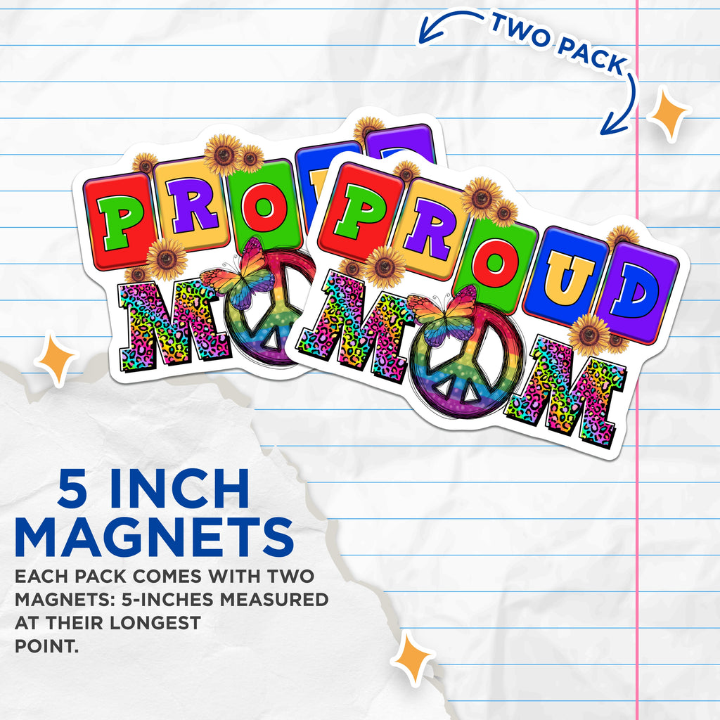 (2 Pack) Proud Mom Rainbow Magnets - Leopard Print Mama - Mother's Day Peace Sign - 5 Inches On Longest Side - Thick Durable Magnet - Made in USA - MAG36410