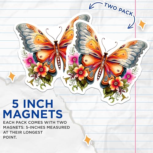 (2 Pack) Butterfly Magnets - Floral Design - Elegant Home ation - Colorful Butterflies - Floral Art Magnets - 5" On Longest Side - for Cars, Fridges, Toolboxes - Made in USA - MAG3695