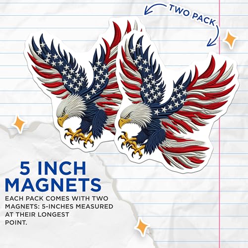 (2 Pack) American Flag Eagle Magnets - Patriotic Home Decor - USA Pride - Detailed Bald Eagle Art - Fridge Magnets - 5" On Longest Side - for Cars, Fridges, Toolboxes - Made in USA - MAG7155