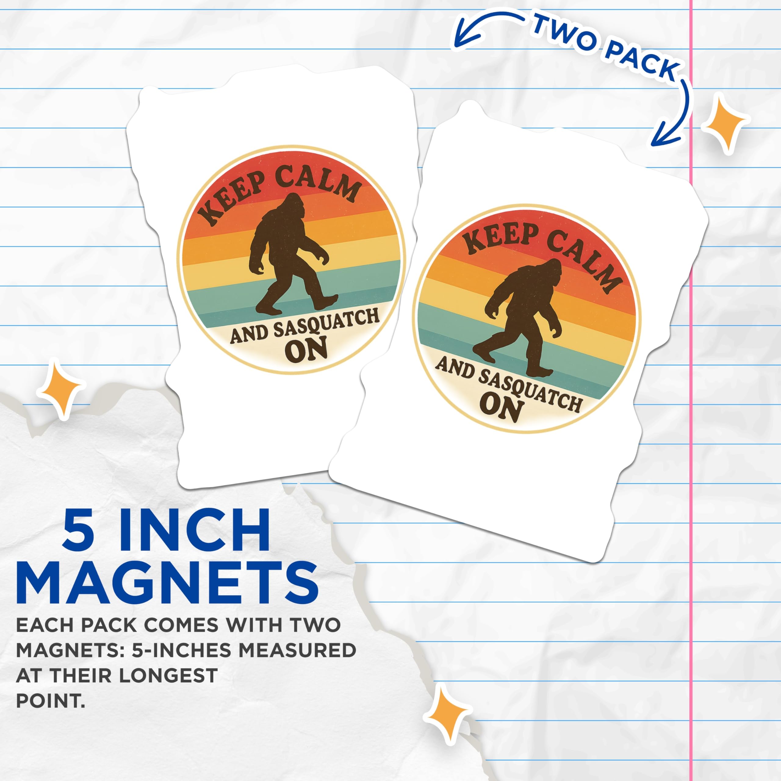 (2 Pack) Bigfoot Magnets - Sasquatch Cryptid Decor - Keep Calm Quote - Retro Refrigerator Magnets - 5 Inches On Longest Side - Thick Durable Magnet - Made in USA - MAG21121
