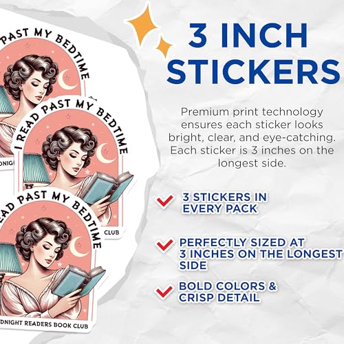 (3 Pack) Midnight Readers Decals - Book Club - Vintage Lady Reading Decal- 3 Inches On Longest Side - Easy Peel & Apply - Made in USA - 3MCS5208