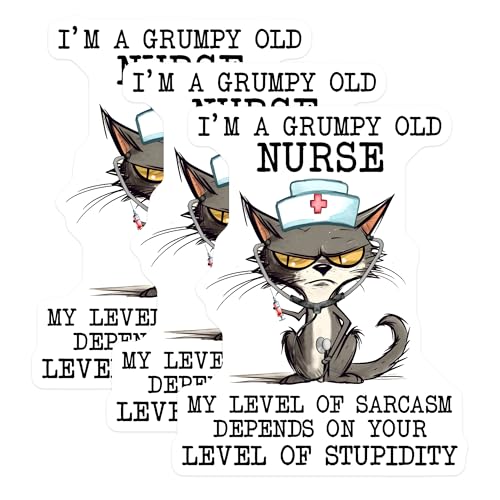 (3 Pack) Grumpy Nurse Cat Decals - Funny Laptop Decals - Sarcastic Nurse Decal - 3 Inches On Longest Side - Easy Peel & Apply - Made in USA - 3MCS6489