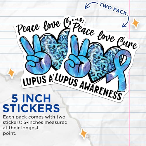 (2 Pack) Peace Love Cure Lupus Awareness Stickers - Blue Awareness Ribbon Decals - Lupus Support Stickers for Laptops - 5" On Longest Side - Sticks to Smooth Flat Surfaces - Made in USA - BMCS4286