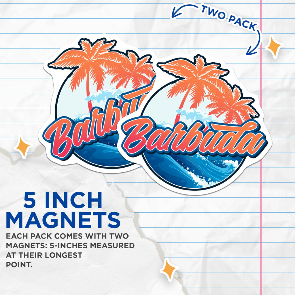 (2 Pack) Barbuda Island Magnets - Tropical Caribbean Decor for Refrigerator - Beach Vacation Souvenir Artwork - 5 Inches On Longest Side - Thick Durable Magnet - Made in USA - MAG19278