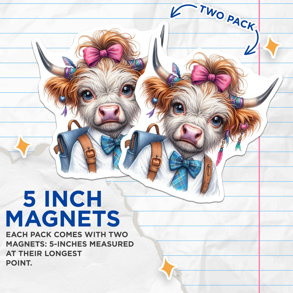 (2 Pack) Cute Highland Cow Magnets - Kawaii Calf Locker Decor - Farm Animal Kitchen Magnet for Refrigerator Home - Teacher Student Back to - 5" - Thick Durable Magnet - Made in USA - MAG39389