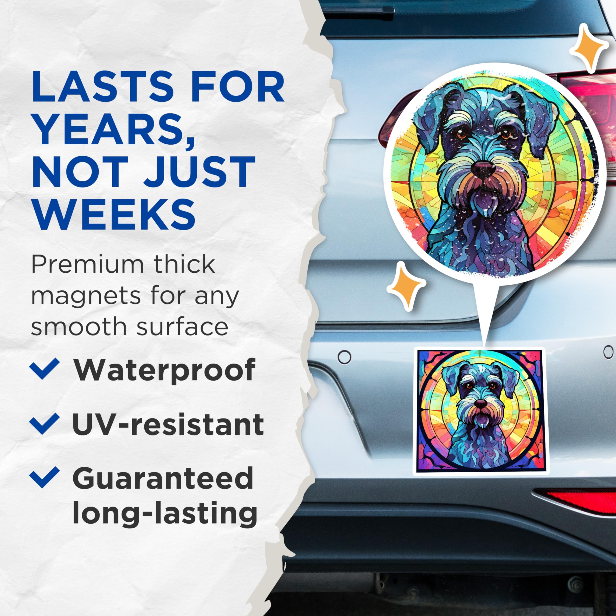 (2 Pack) Schnauzer Dog Magnets - Stained Glass Look - Fridge Decor - 5" On Longest Side - Premium Magnet - for Cars, Refrigerators, Toolboxes, Lockers - Made in USA - MAG16179