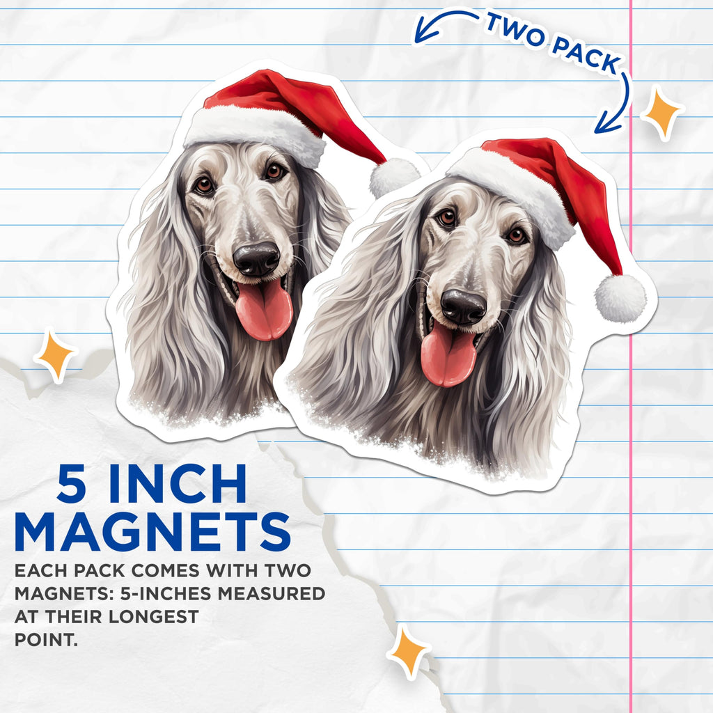 (2 Pack) Afghan Hound Magnets - Christmas Santa Hat Dog - Holiday Refrigerator Decor for Pet Lovers - 5 Inches On Longest Side - Thick Durable Magnet - Made in USA - MAG25065