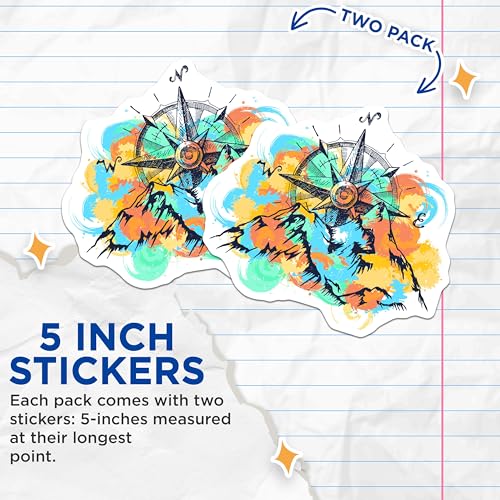 (2 Pack) Adventure Compass Stickers - Mountain Stickers - Outdoor Nature Scene Stickers - Travel Enthusiast - 5" On Longest Side - Sticks to Smooth Flat Surfaces - Made in USA - BMCS4733