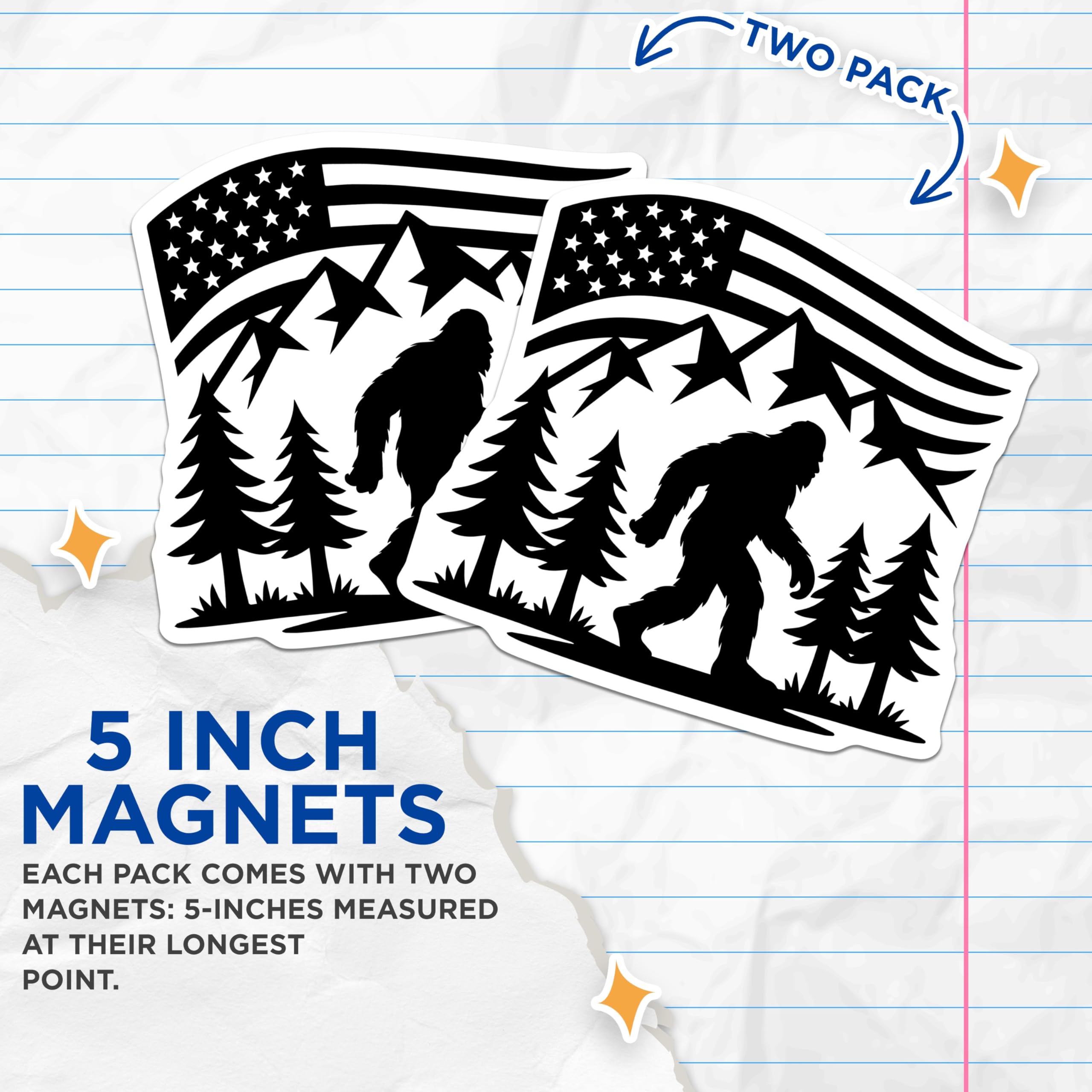 (2 Pack) Bigfoot American Flag Magnets - Sasquatch Mountain Forest - Patriotic Outdoors USA Decor - 5 Inches On Longest Side - Thick Durable Magnet - Made in USA - MAG22244