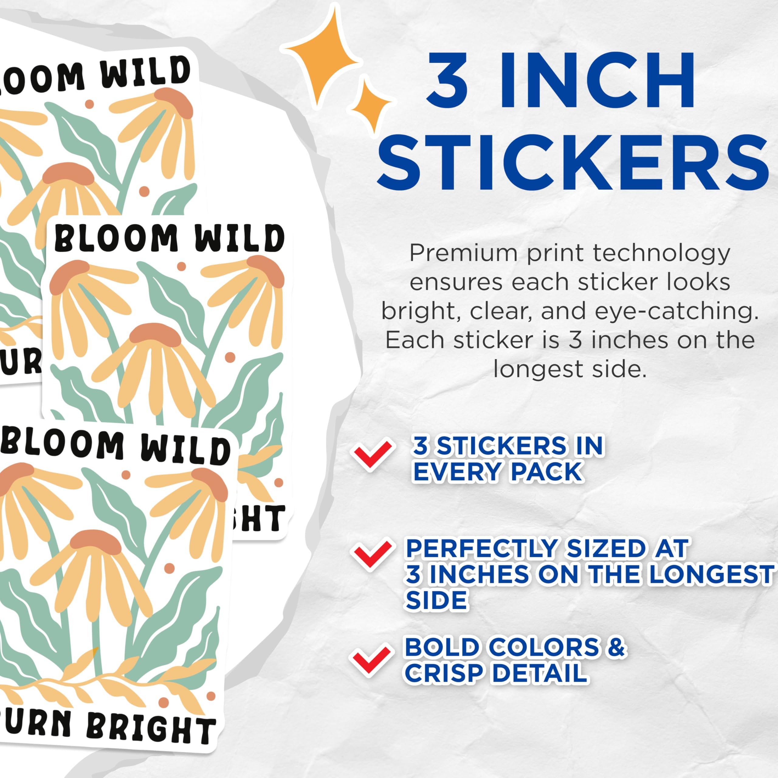 (3 Pack) Bloom Wild Burn Bright Decals - Floral Design - Boho Inspired Stickers - 3 Inches On Longest Side - Easy Peel & Apply - Made in USA - 3MCS2611