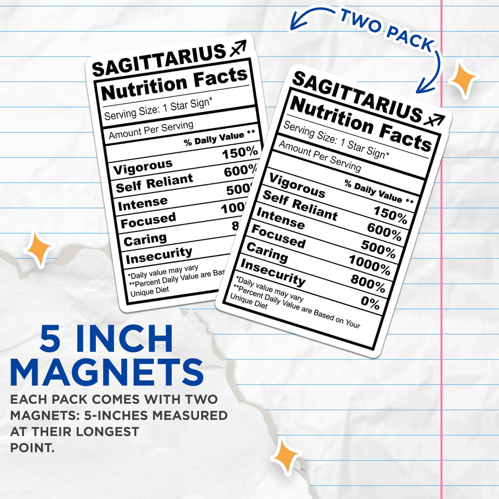 (2 Pack) Sagittarius Magnets - Nutrition Facts - Zodiac Astrology Magnet - 5" On Longest Side - Premium Magnet - for Cars, Refrigerators, Toolboxes, Lockers - Made in USA - MAG16045