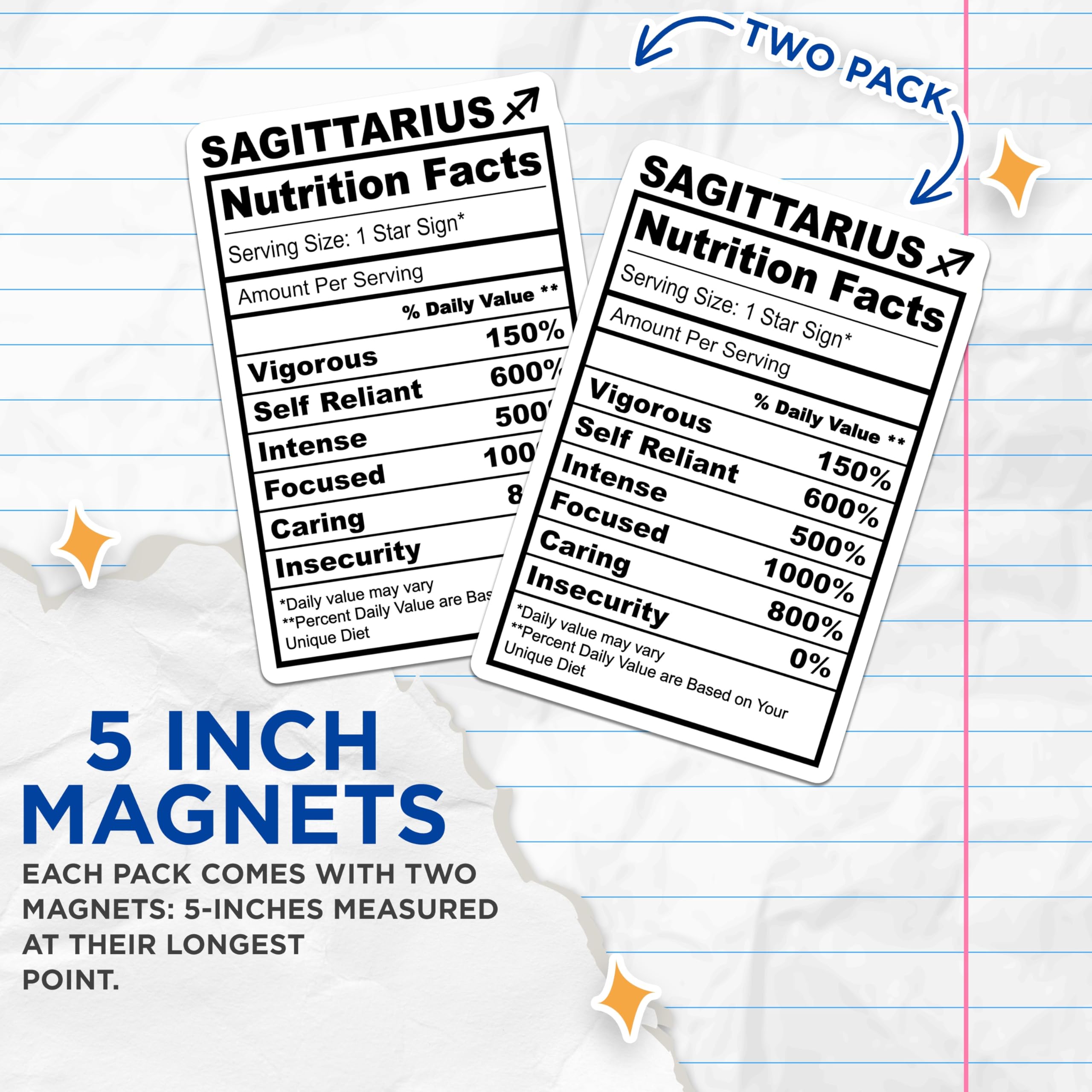 (2 Pack) Sagittarius Magnets - Nutrition Facts - Zodiac Astrology Magnet - 5" On Longest Side - Premium Magnet - for Cars, Refrigerators, Toolboxes, Lockers - Made in USA - MAG16045