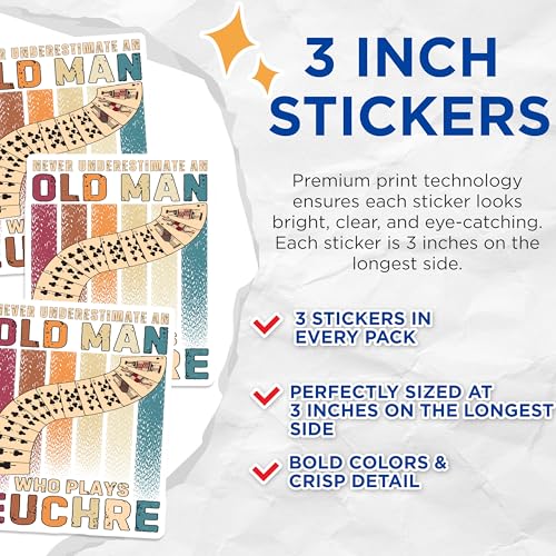 (3 Pack) Euchre Player Decals - Old Man Card Player - Euchre Lover Gift - 3 Inches On Longest Side - Easy Peel & Apply - Made in USA - 3MCS2244