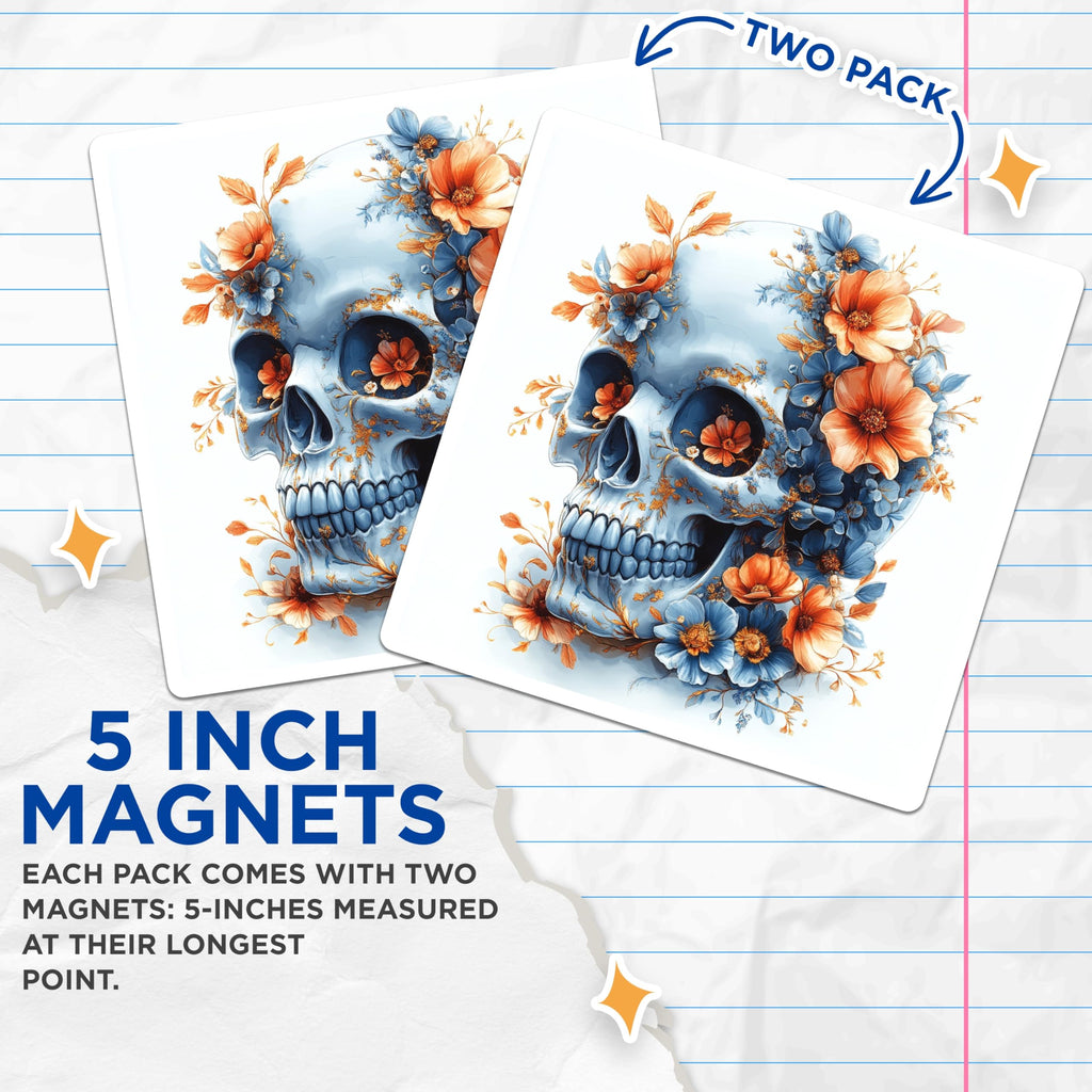 (2 Pack) Floral Skull Magnets - Day of the Dead Art - Whimsigoth Decor - 5 Inches On Longest Side - Thick Durable Magnet - Made in USA - MAG26329