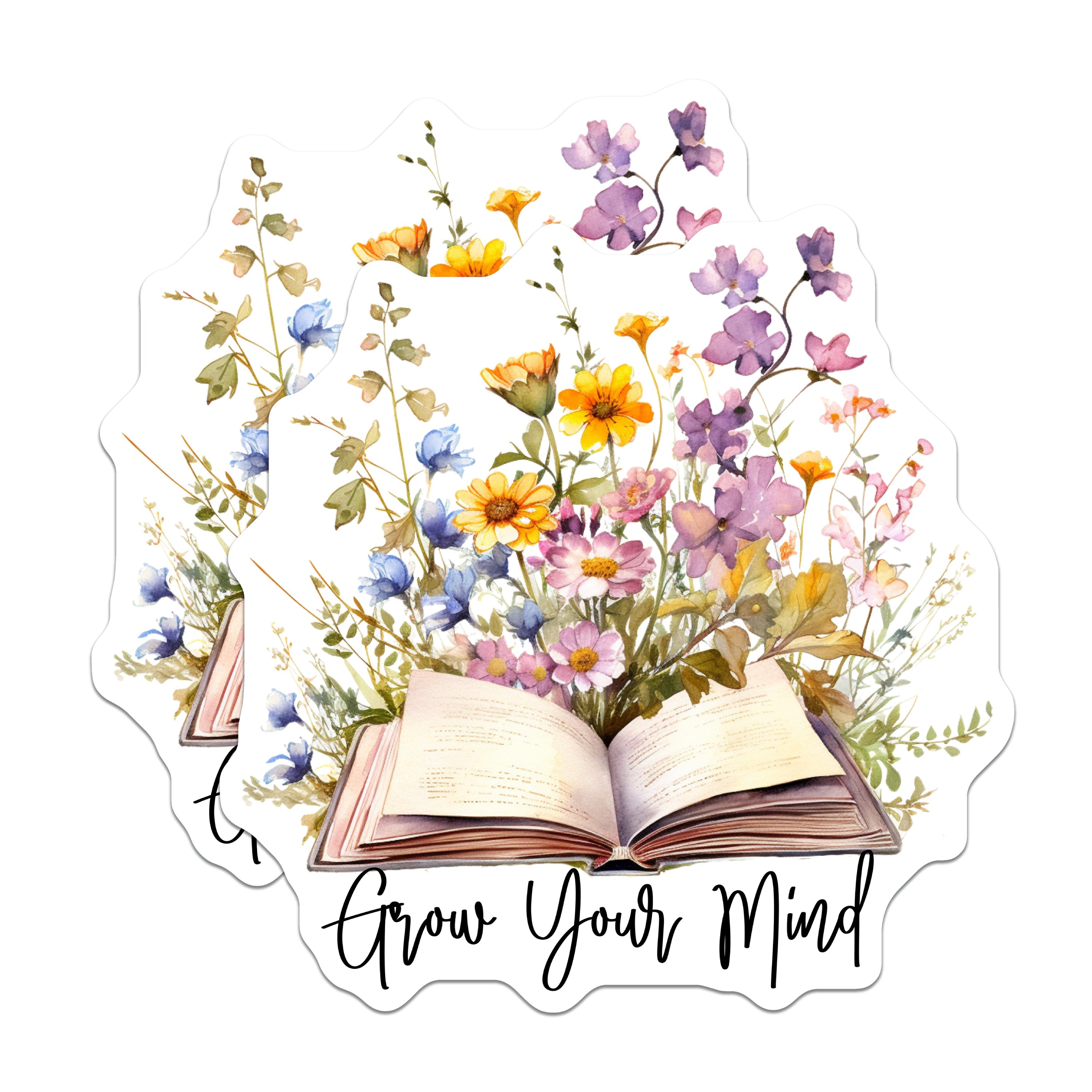 (2 Pack) Grow Your Mind Magnets - Bookish Floral Watercolor - Reader Teacher Librarian Student - 5 Inches On Longest Side - Thick Durable Magnet - Made in USA - MAG39297