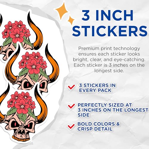 (3 Pack) Skull with Horns Decals - Floral Skull - Laptop Decals - 3 Inches On Longest Side - Easy Peel & Apply - Made in USA - 3MCS4299