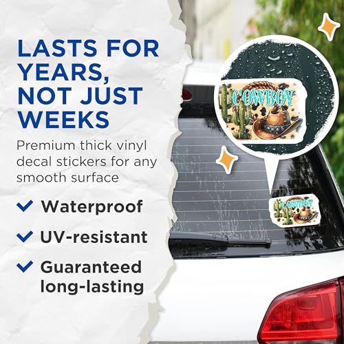 (2 Pack) Cowboy Stickers - Western Cactus Stickers - Desert Hat Stickers - 5" On Longest Side - Sticks to Any Smooth Flat Surface - Made in USA - BMCS3146
