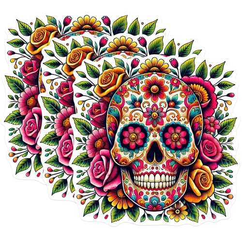 (3 Pack) Sugar Skull Decals - Floral Skull Stickers - Day of The Dead Decal - 3 Inches On Longest Side - Easy Peel & Apply - Made in USA - 3MCS0931