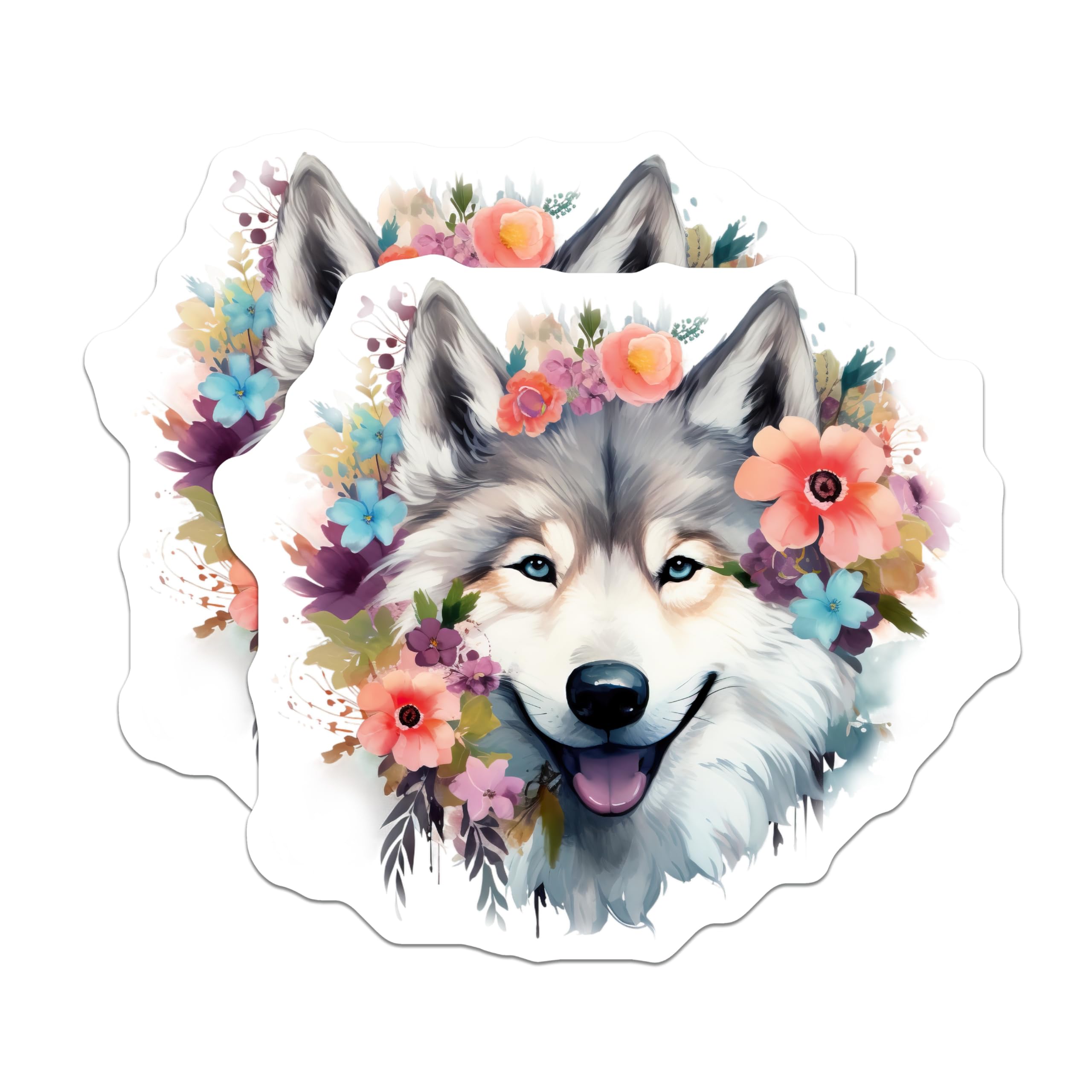 (2 Pack) Floral Husky Magnets - Boho Dog Decor - Whimsical Animal Art - 5 Inches On Longest Side - Thick Durable Magnet - Made in USA - MAG26743