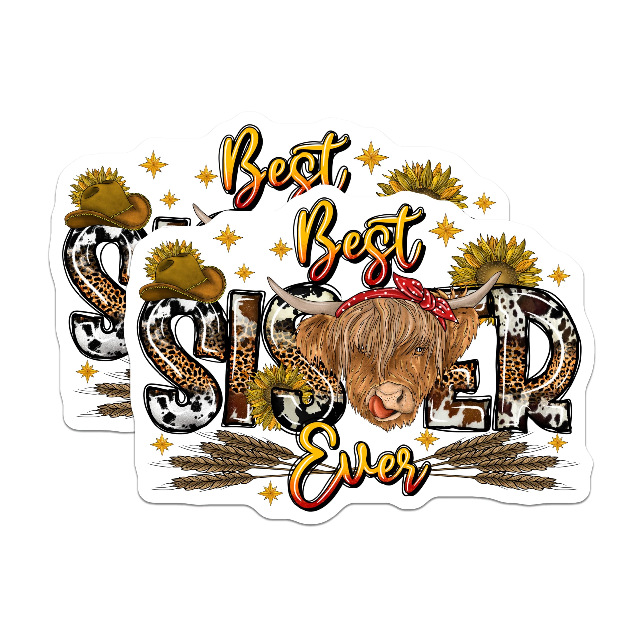 (2 Pack) Best Sister Ever Highland Cow Magnets - Western Farmhouse Decor - Country Cowgirl Sunflowers Art - 5 Inches On Longest Side - Thick Durable Magnet - Made in USA - MAG30061