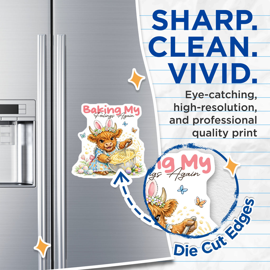 (2 Pack) Baking My Feelings Magnets - Funny Highland Cow Decor - Cute Easter Refrigerator Farmhouse Kitchen Accent - 5 Inches On Longest Side - Thick Durable Magnet - Made in USA - MAG36291