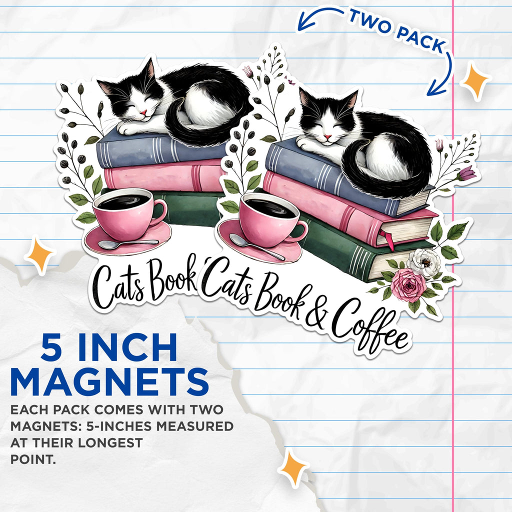 (2 Pack) Cats Book and Coffee Magnets - Cute Cat Lover Magnets - Bookworm Coffee Enthusiast Magnets- 5" On Longest Side - for Fridges, Toolboxes, Cars - Made in USA - MAG2749