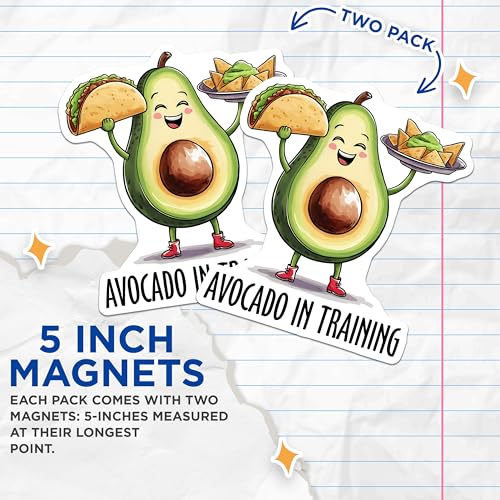 (2 Pack) Avocado in Training Magnets Magnets - Kitchen Decor - 5" On Longest Side - Made in USA - Sticks to Refrigerators & Metal Surfaces - MAG8390