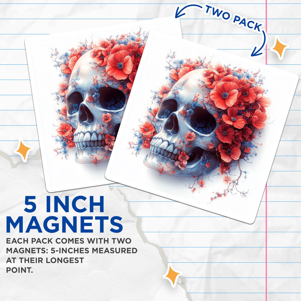 (2 Pack) Ethereal Floral Skull Magnets - Romantic Goth Decor - Unique Kitchen Accent - 5 Inches On Longest Side - Thick Durable Magnet - Made in USA - MAG28635