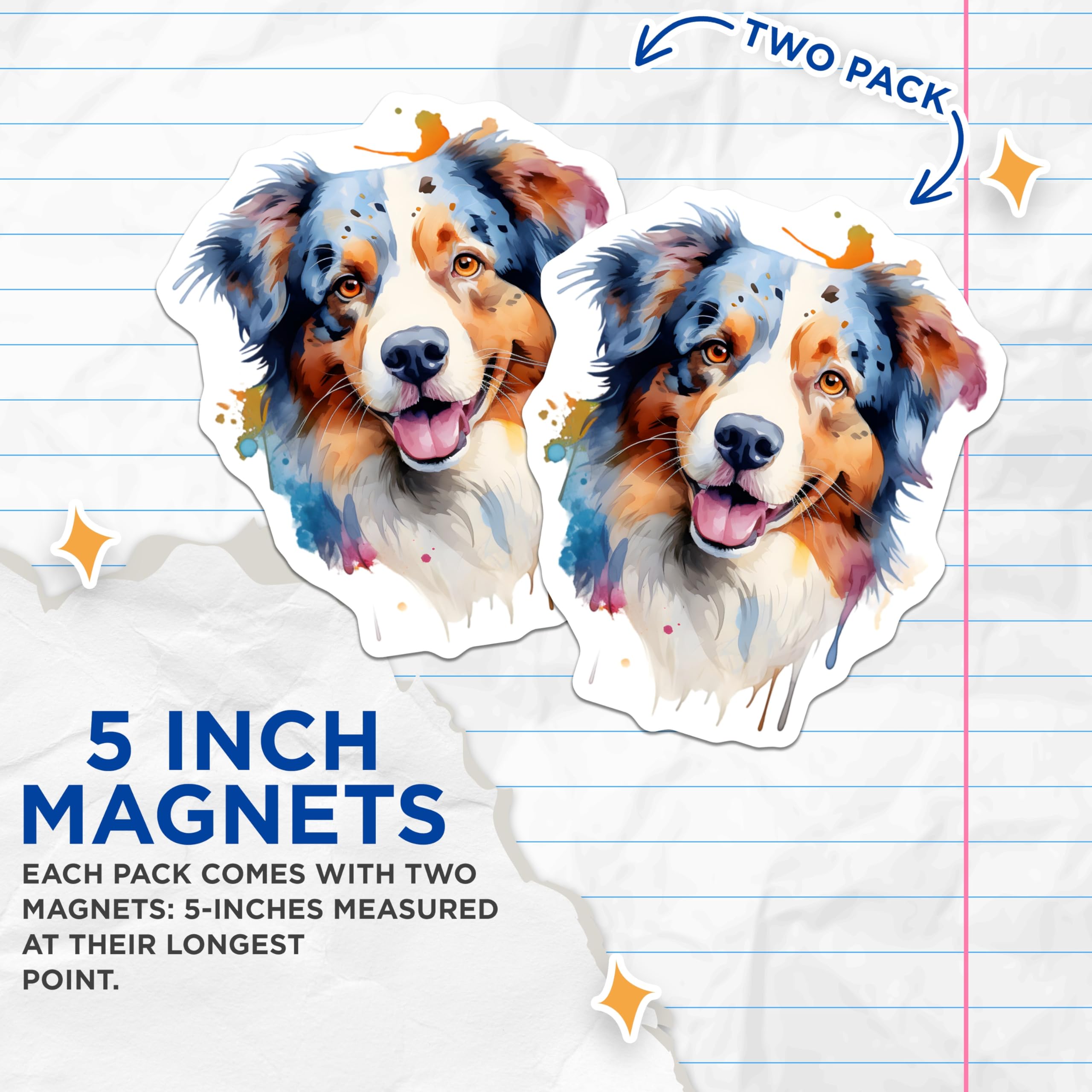 (2 Pack) Australian Shepherd Magnets - Vibrant Watercolor Dog Art - Pet Lover Fridge Decor - 5 Inches On Longest Side - Thick Durable Magnet - Made in USA - MAG27530