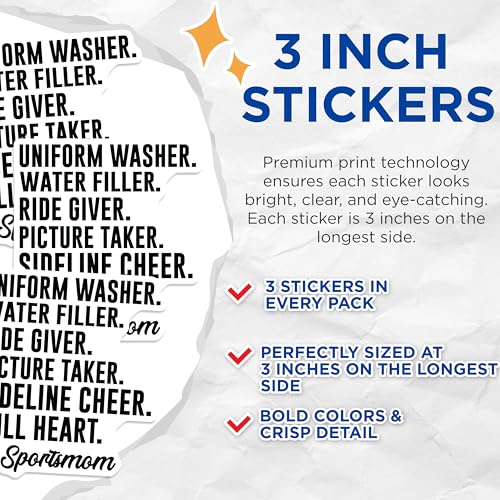 (3 Pack) Sportsmom Decals - Mom Life Decal - Full Heart Decal - Laptop Decals - 3 Inches On Longest Side - Easy Peel & Apply - Made in USA - 3MCS1855