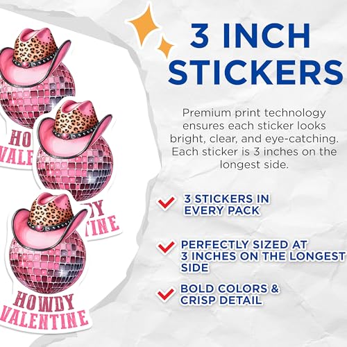 (3 Pack) Howdy Valentine Decals - Pink Cowboy Hat - Disco Ball Stickers - 3 Inches On Longest Side - Easy Peel & Apply - Made in USA - 3MCS1921