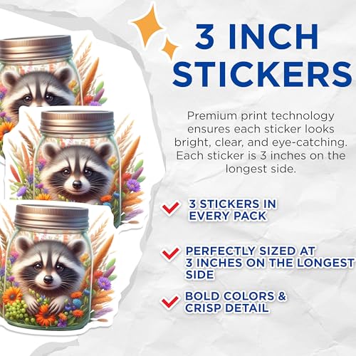 (3 Pack) Raccoon Decals - Mason Jar Decal - Flower Animal Decals - 3 Inches On Longest Side - Easy Peel & Apply - Made in USA - 3MCS8133