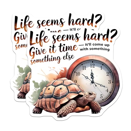 (2 Pack) Life is Hard Sticker Stickers - Motivational Animal Quote - Turtle Clock Design - 5" On Longest Side - Sticks to Smooth Flat Surfaces - Made in USA - BMCS8761