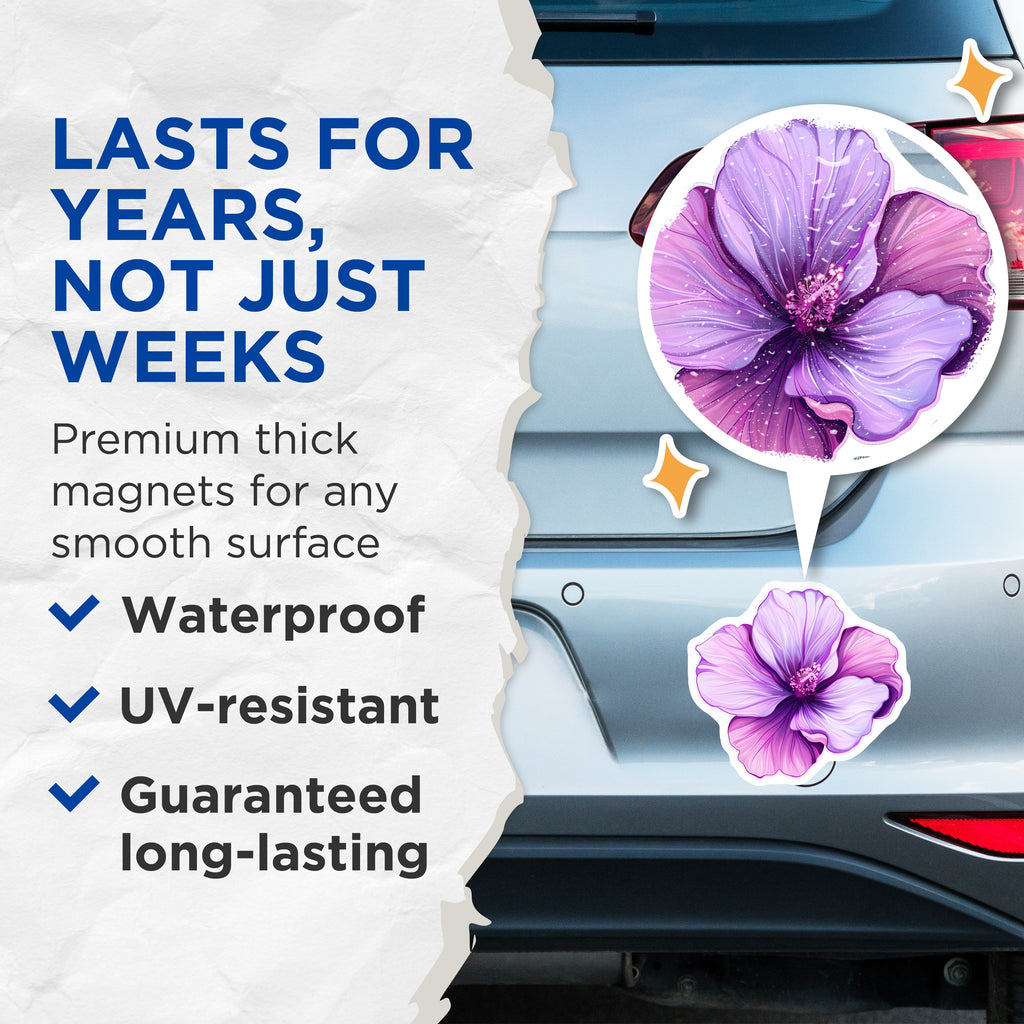 (2 Pack) Vibrant Purple Hibiscus Magnets - Tropical Floral Decor - Botanical Refrigerator Art Accent - 5 Inches On Longest Side - Thick Durable Magnet - Made in USA - MAG36010