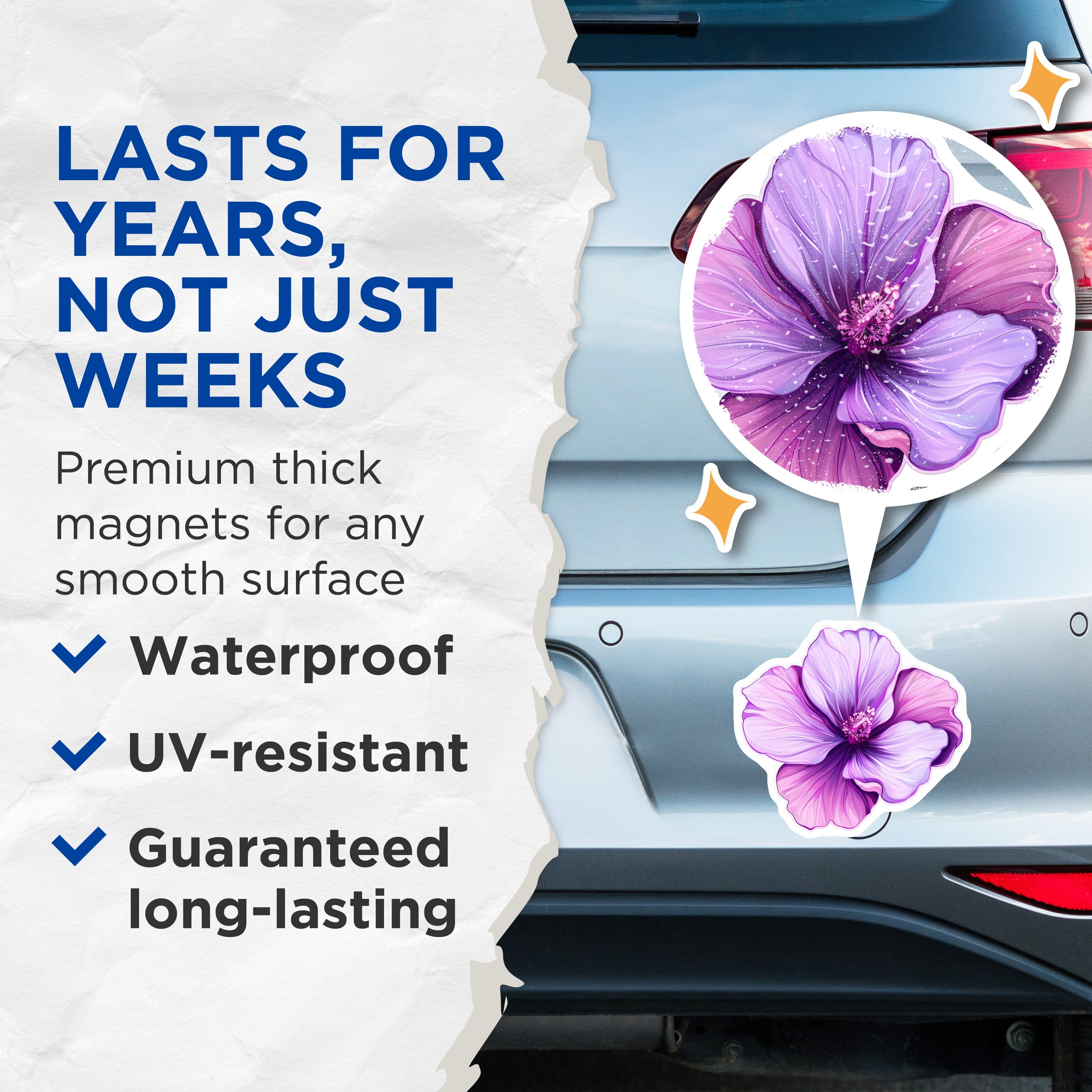 (2 Pack) Vibrant Purple Hibiscus Magnets - Tropical Floral Decor - Botanical Refrigerator Art Accent - 5 Inches On Longest Side - Thick Durable Magnet - Made in USA - MAG36010