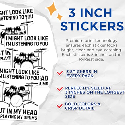 (3 Pack) Drummer Decals - Funny Drum Set - Drumming Music Band Laptop - 3 Inches On Longest Side - Easy Peel & Apply - Made in USA - 3MCS2465