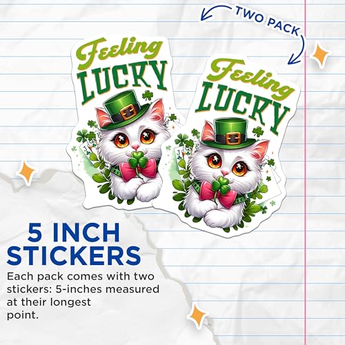 (2 Pack) Feeling Lucky Stickers - Cute Cat - St. Patrick's Day - 5" On Longest Side - Sticks to Smooth Flat Surfaces - Made in USA - BMCS8100