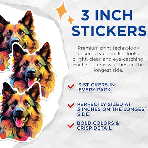 (3 Pack) German Shepherd Decals - Colorful Dog - Laptop Decals - 3 Inches On Longest Side - Easy Peel & Apply - Made in USA - 3MCS0649