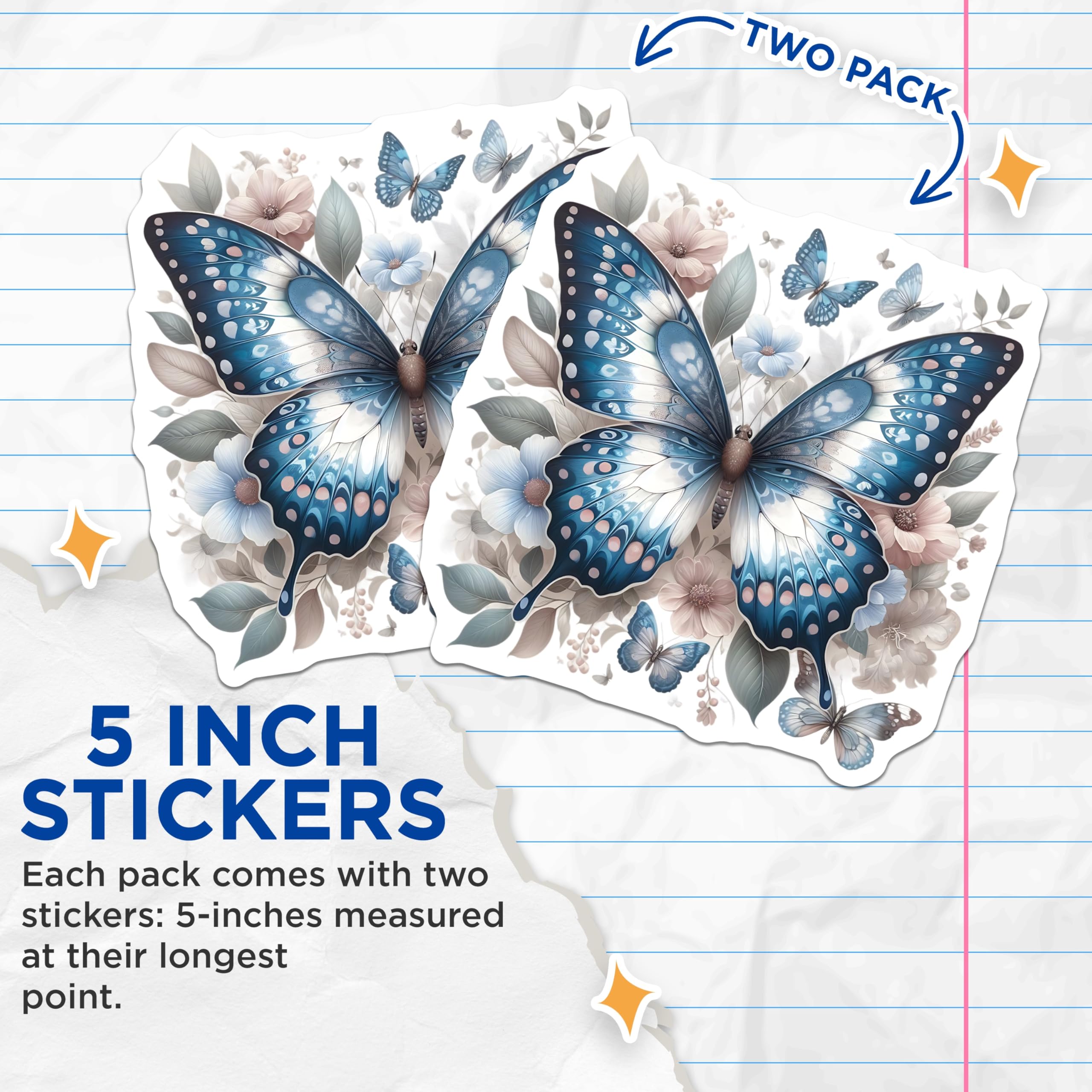 (2 Pack) Blue Butterfly Stickers - Floral Butterflies - Pretty Stickers- 5" On Longest Side - Sticks to Smooth Flat Surfaces - Made in USA - BMCS16133