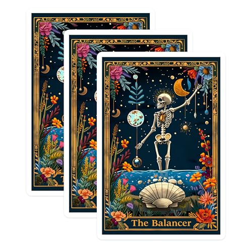 (3 Pack) Balancer Tarot Decals - Skeleton Moon Art - Floral Celestial Decal - 3 Inches On Longest Side - Easy Peel & Apply - Made in USA - 3MCS0012