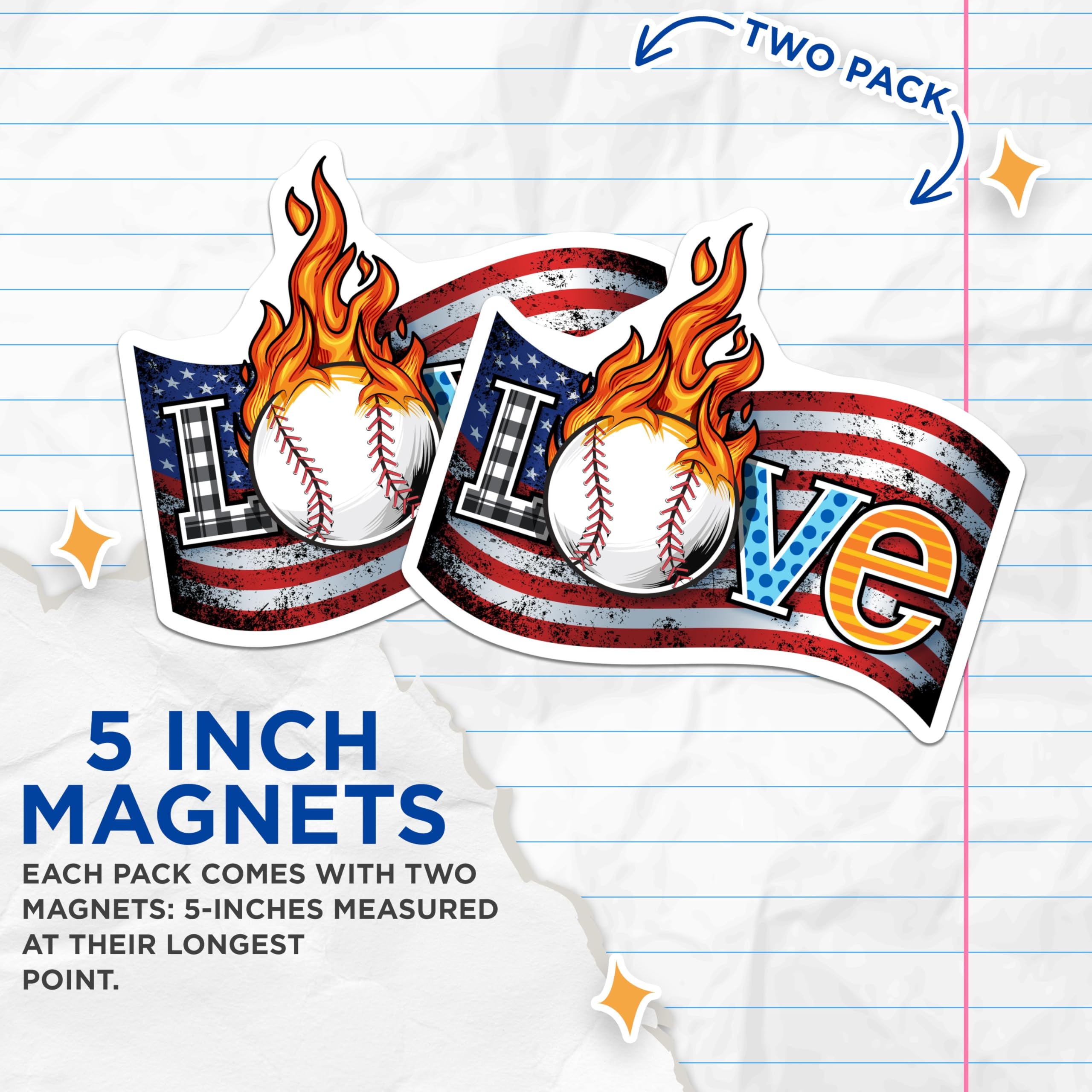(2 Pack) Baseball Love Magnets - American Flag - Flaming Baseball Home Decor - 5" On Longest Side - Premium Magnet - for Cars, Refrigerators, Toolboxes, Lockers - Made in USA - MAG18208