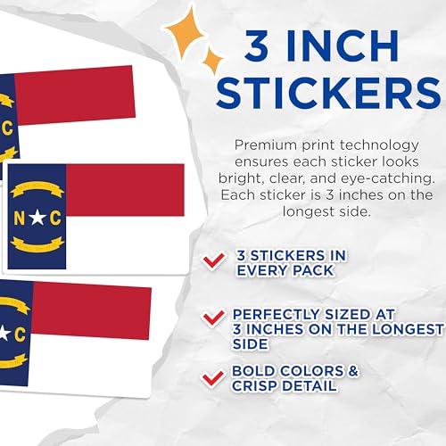 (3 Pack) North Carolina Flag Decals - State Pride Decals - Laptop Stickers - 3 Inches On Longest Side - Easy Peel & Apply - Made in USA - 3MCS0205